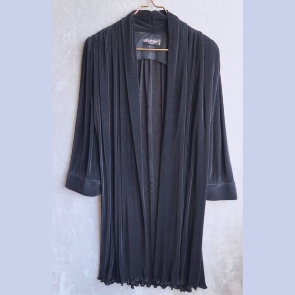 Vtg VIRGINIE PARIS Black Micropleat Jacket Size 2X-3X Longline Plisse Lettuce - Picture 3 of 10
